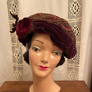 Vintage Velvet Beaded Hat with Floral Accent
